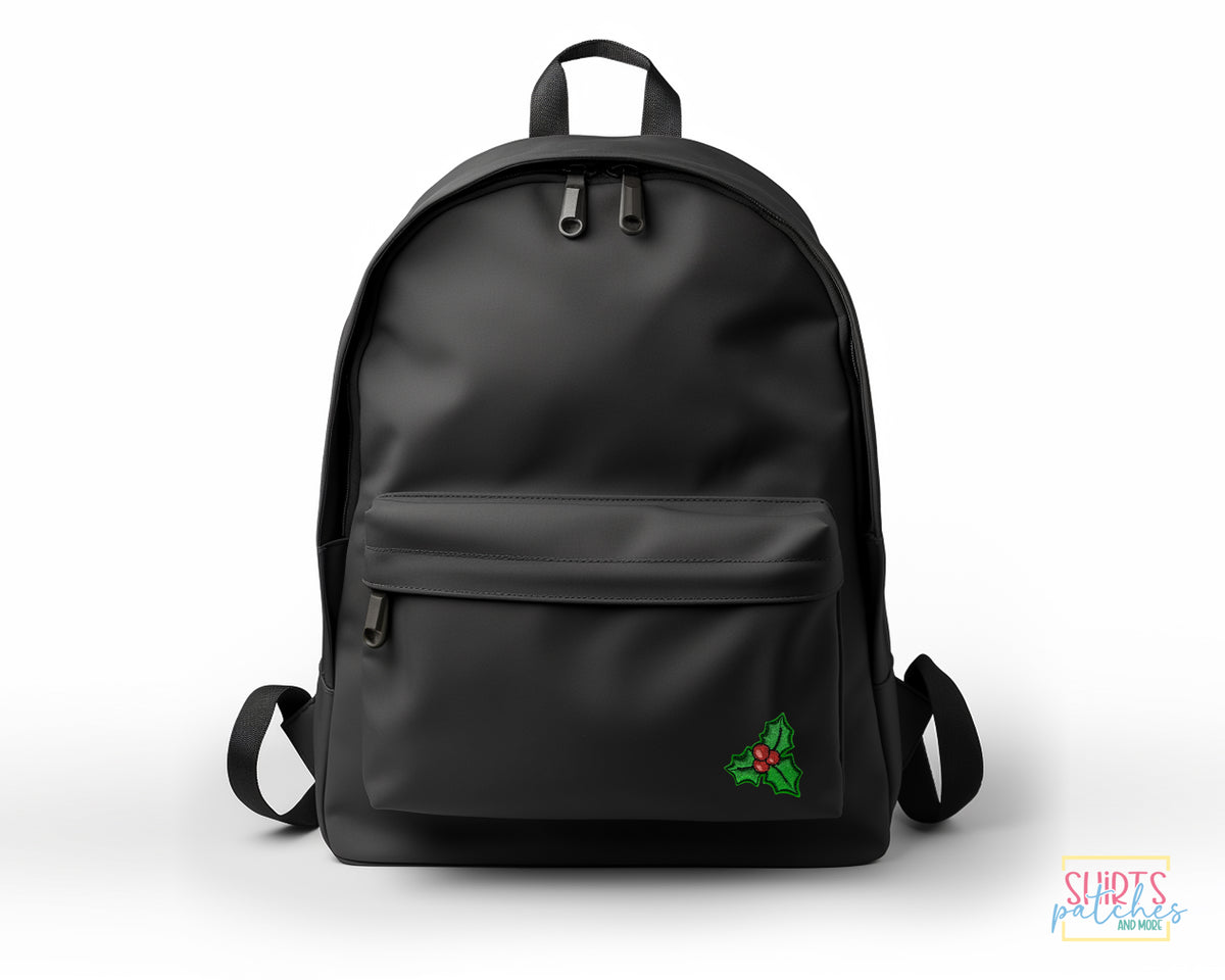 Holly embroidered patch on a backpack
