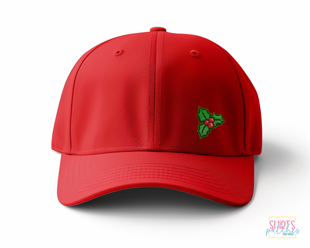 Embroidered holly patch applied on a baseball cap