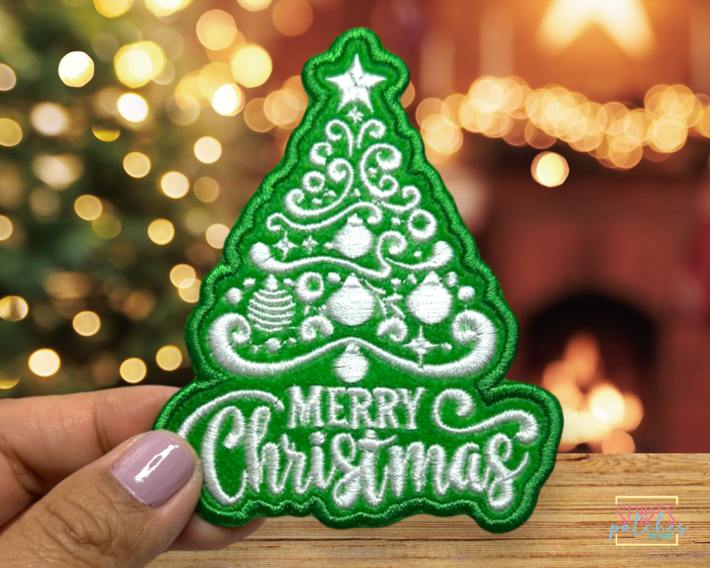 Merry Christmas Tree Embroidered Iron-On Patch.