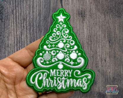 Merry Christmas Tree Embroidered Iron-On Patch.