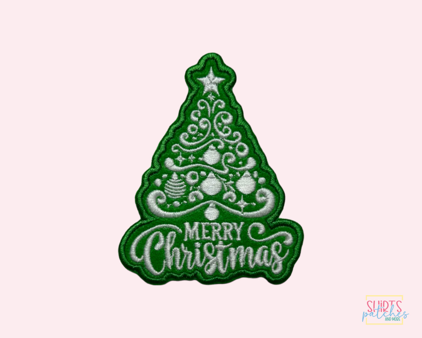 Merry Christmas Tree Embroidered Iron-On Patch.