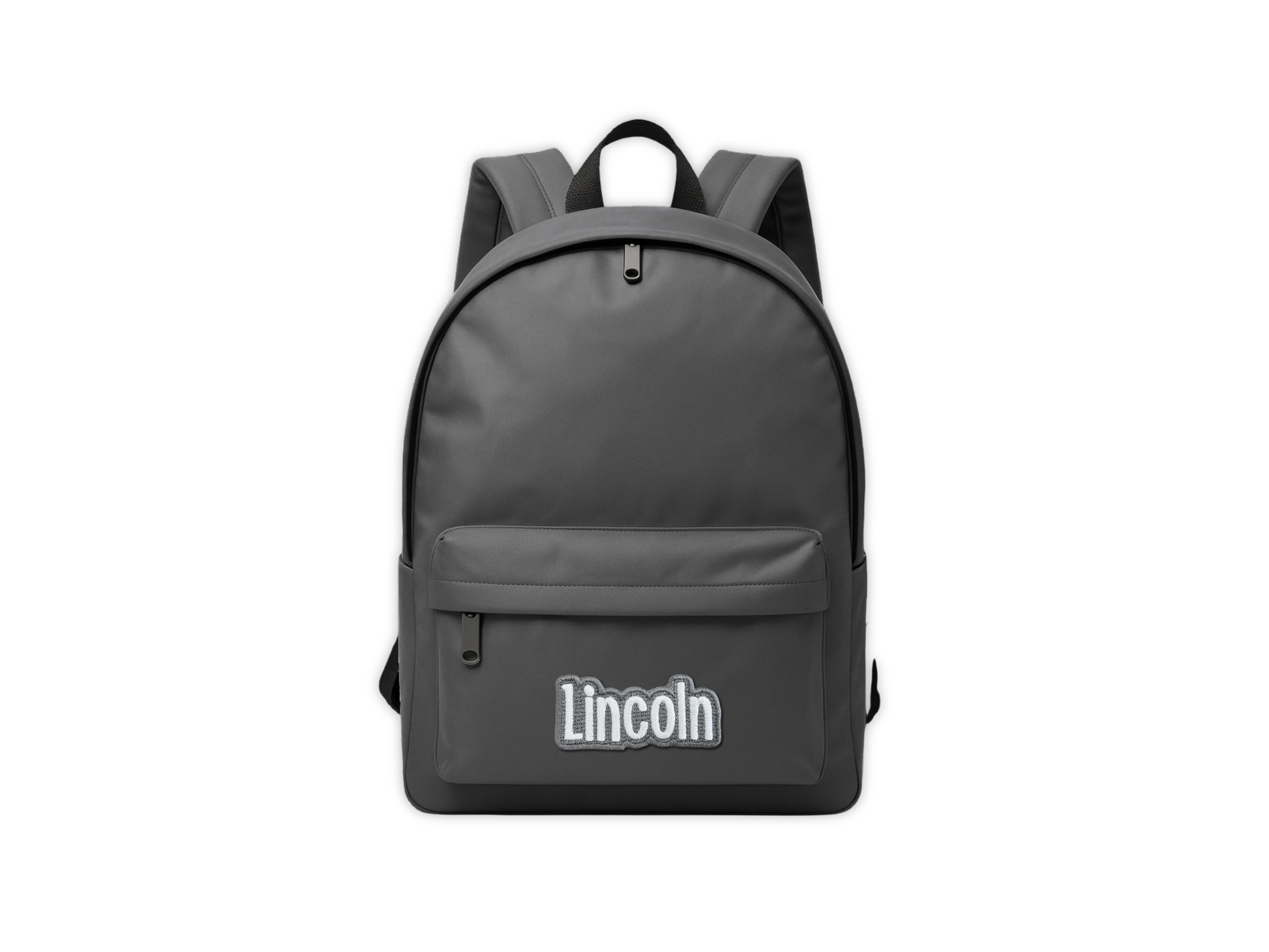 Mockup of a gray backpack with an embroidered 'Lincoln' custom name patch centered on the lower pocket, displayed on a white background.