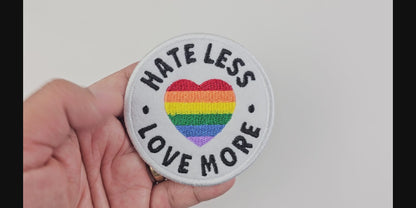 LGBTQ Pride Patch – Hate Less Love More with Rainbow Heart – Embroidered Patch for Backpacks, Jackets, and Celebrating Equality