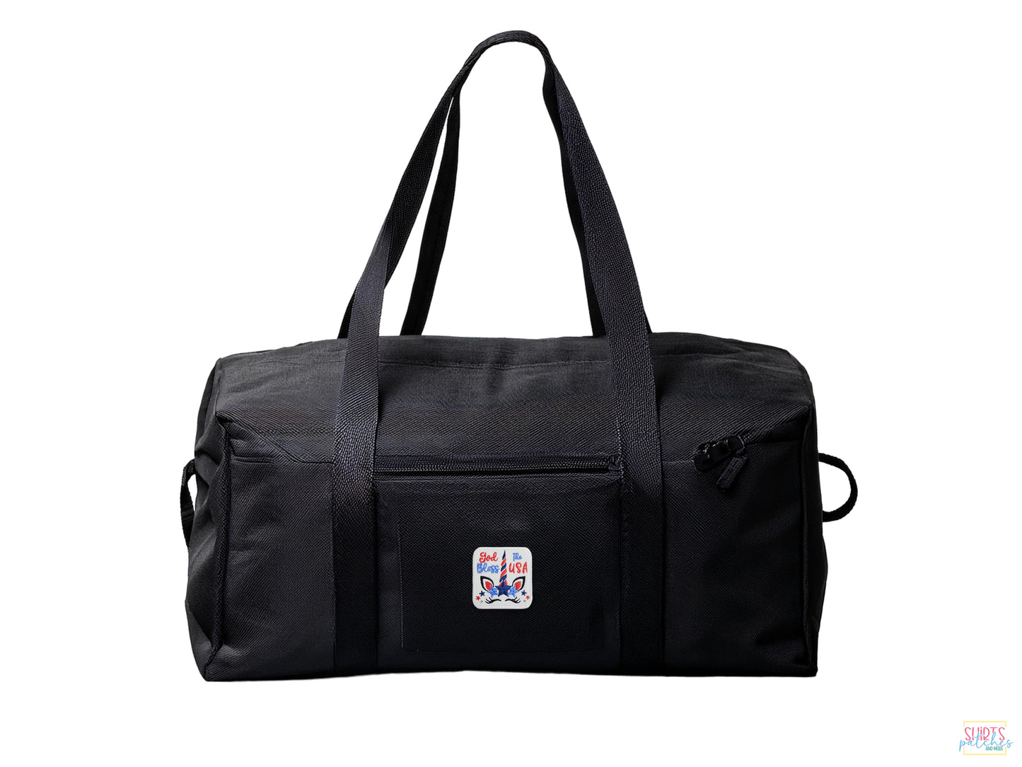 A black duffel bag on a white background featuring a small patriotic "God Bless The USA" unicorn embroidered patch on the front pocket.