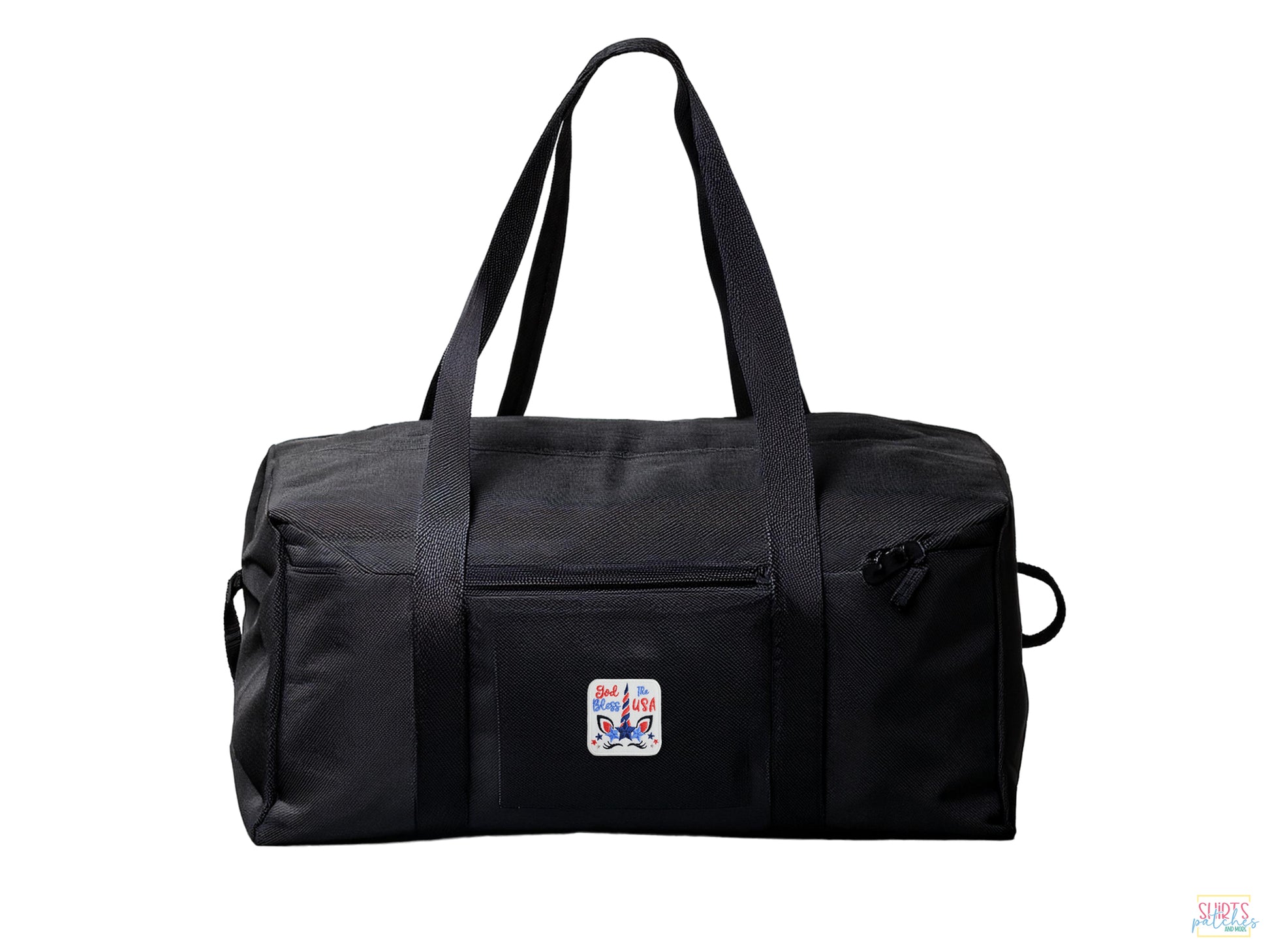A black duffel bag on a white background featuring a small patriotic "God Bless The USA" unicorn embroidered patch on the front pocket.