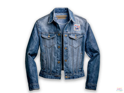 Blue denim jacket on a white background with a patriotic red, white, and blue unicorn patch applied to the left chest area.