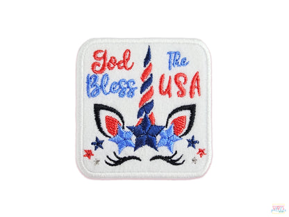 Patriotic red, white, and blue unicorn embroidered patch for Independence Day or Memorial Day gear, showing a unicorn design with stars and "God Bless The USA" lettering.