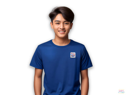 Lifestyle mockup of a patriotic unicorn embroidered patch applied to a men's blue t-shirt, perfect for 4th of July or Memorial Day outfits.