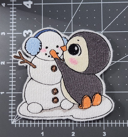 Penguin And Snowman Patch - Embroidered Iron On Patch For Jackets, Shirts, Baseball Caps And More