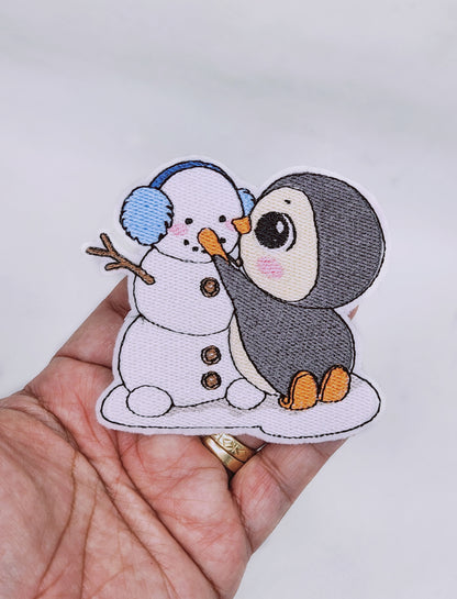 Penguin And Snowman Patch - Embroidered Iron On Patch For Jackets, Shirts, Baseball Caps And More