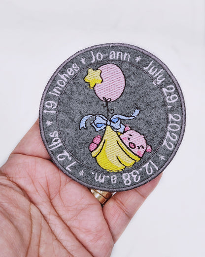 Cute Pig Birth Announcement Patch - Personalized Iron On Or Hook And Loop Backing